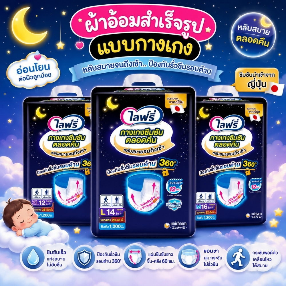 Lifree ไลฟ์รี่ ผ้าอ้อมผู้ใหญ่ กางเกงซึมซับตลอดคืน (ไซค์ M-XL)