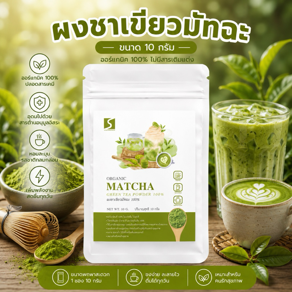 🍵 ขนาดทดลอง ผงชาเขียวมัทฉะ 100% (Matcha Powder) ปริมาณสุทธิ 10 กรัม
