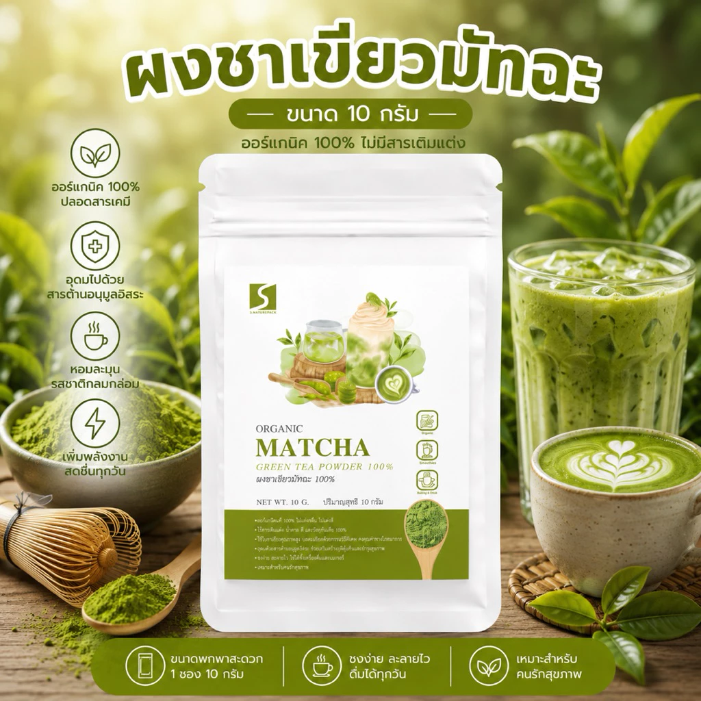 🍵 ขนาดทดลอง ผงชาเขียวมัทฉะ 100% (Matcha Powder) ปริมาณสุทธิ 10 กรัม