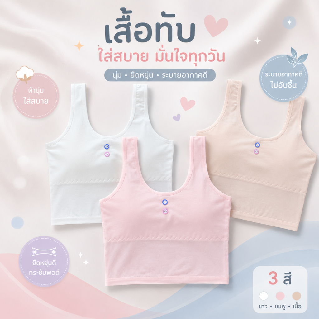 ชุดชั้นในสำหรับเด็กผู้หญิง เสื้อซับในเด็กเต็มตัว(ไม่มีฟองน้ำ)สำหรับนักเรียนชั้นประถมศึกษา ผ้าฝ้ายล้วน ระบายอาการศได้ดี