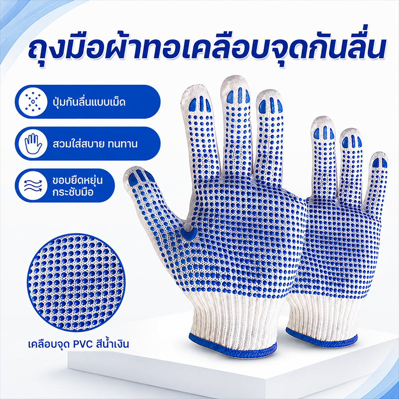 ถุงมือผ้าทอเคลือบจุด PVC กันลื่น แพ็ก 12 คู่ ระบายอากาศดี ใช้งานทนทาน เหมาะกับงานช่าง งานบ้าน และงานทั่วไป