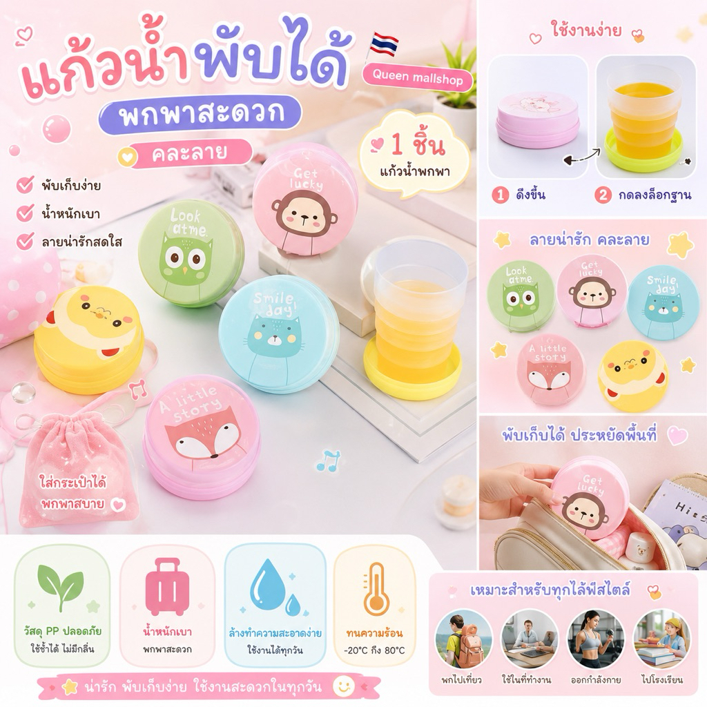 Queen  mallshop (ร้านไทย🇹🇭)แก้วน้ำพับได้ (คละลาย) พกพาสะดวก 1 ชิ้น แก้วน้ำพกพา