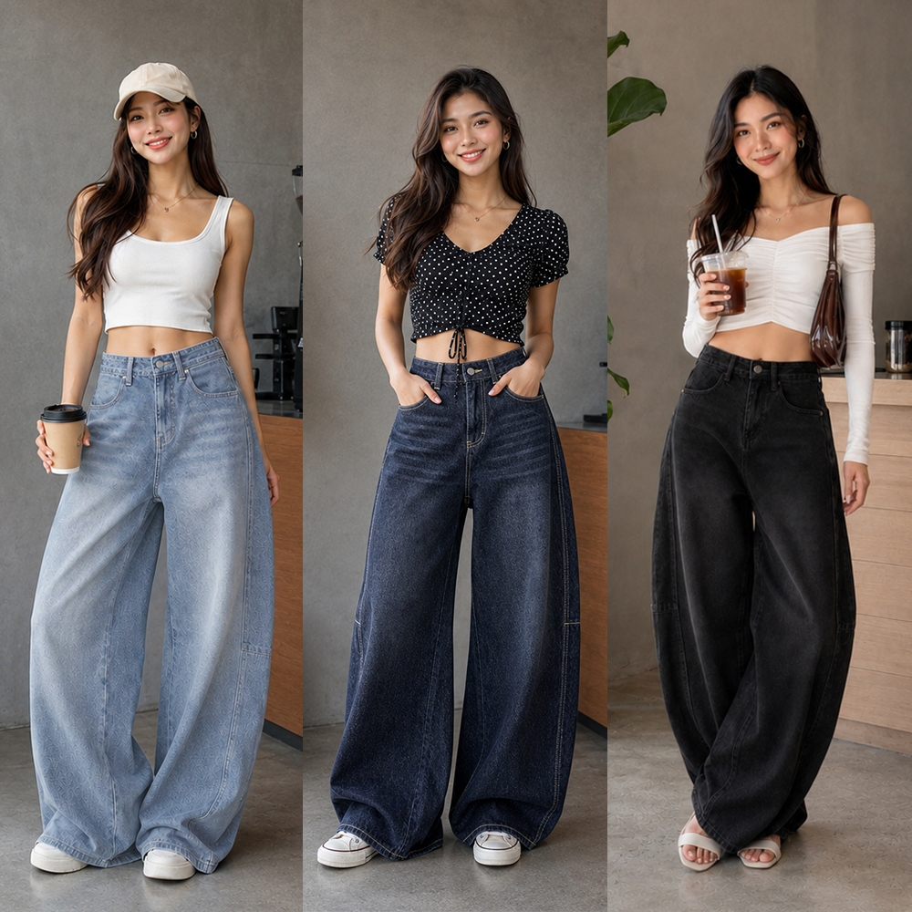 FLAER 02#-2กางเกงยีนส์ทรงบอลลูนสูงเอว สีน้ำเงินเข้มซักฟอก ผ้านิ่ม ใส่สบาย ส่งตรงไทย