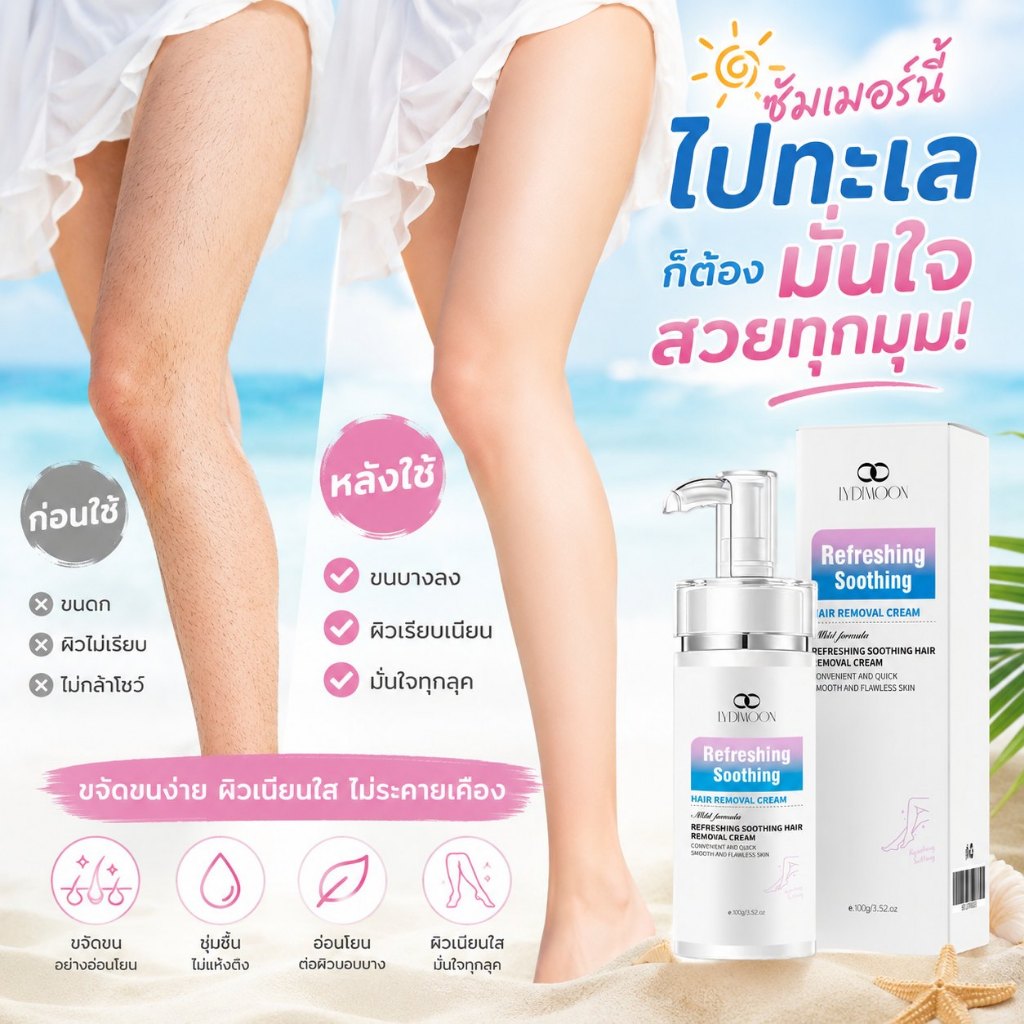 ครีมกำจัดขนแบบไม่เจ็บปวด LYDIMOON สำหรับผิวบอบบาง ใต้วงแขนและขา 100 กรัม