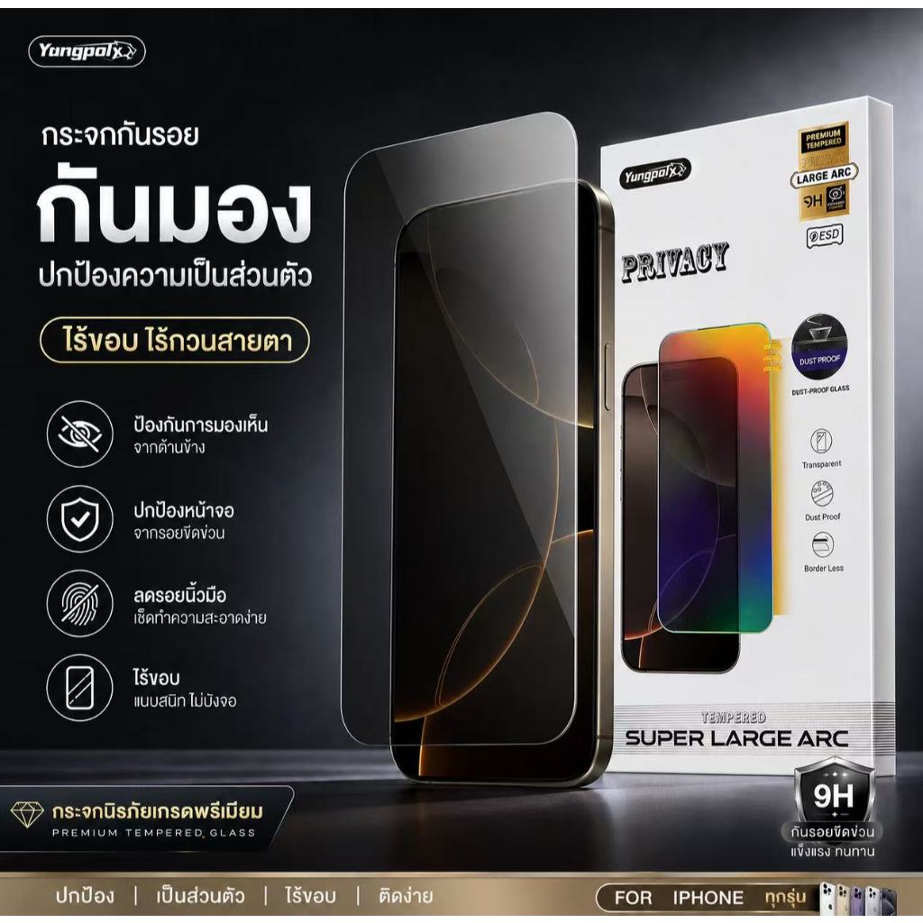 ฟิล์มกระจกใสไร้ขอบกันมองเต็มจอโค้ง 0.4MM สำหรับ iphone 17promax 16pro 15plus 14pro 13proamx 12 13pro 11 xmax 14promax