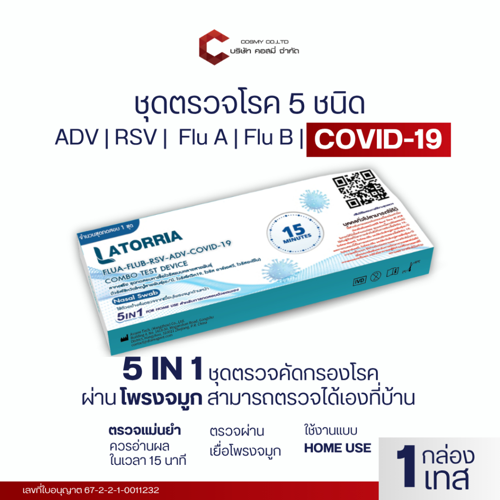 ชุดตรวจ Latorria 5 in 1 ตรวจหาCovid-19 ไข้หวัดใหญ่ FluA+B RSV+ADV ตรวจง่าย รับรู้ผลไวได้มาตรฐาน [เซ็ต 1,3,5]