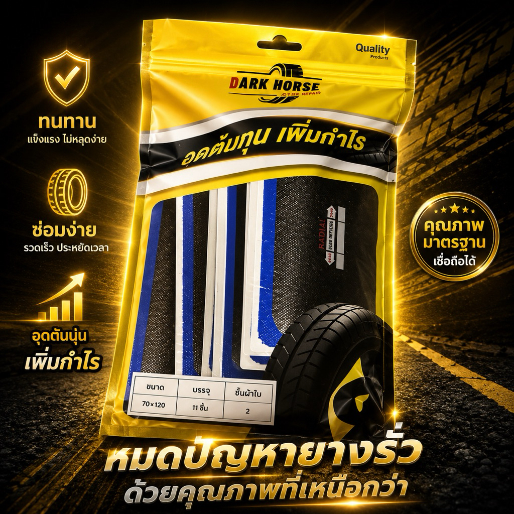 แผ่นปะยางเรเดียลเบอร์12 (ผ้าใบ2ชั้น) ยี่ห้อ DARK HORSE ขนาด70x120mm