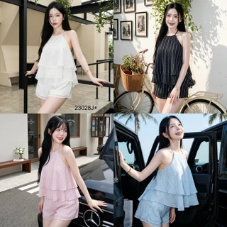 set 2 ชิ้น เสื้อคล้องคอระบาย 2 ชั้น + กางเกงขาสั้น TT23028