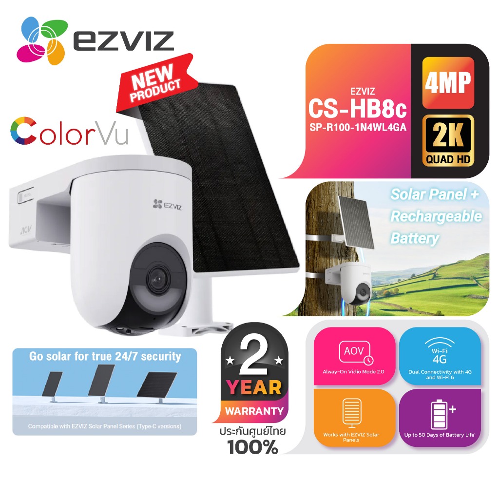 Ezviz กล้อง CS-HB8c/SP-R100-1N4WL4GA คมชัด 4ล้าน 4G & Wi-Fi Smart Home Battery Camera ประกัน 2 ปี