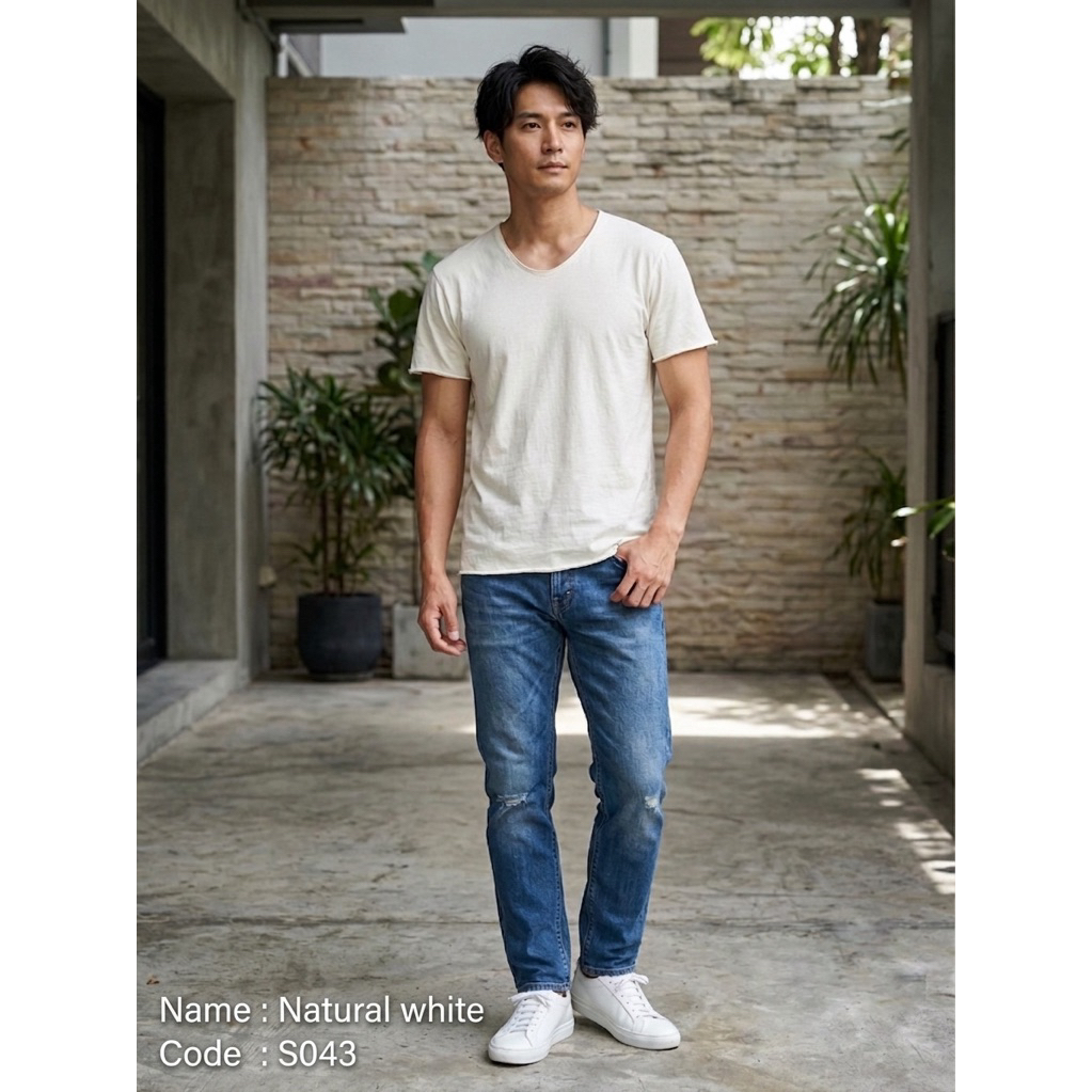 OUKY เสื้อยืด เนื้อผ้าคอตตอน คอยู ใส่สบาย สี Natural