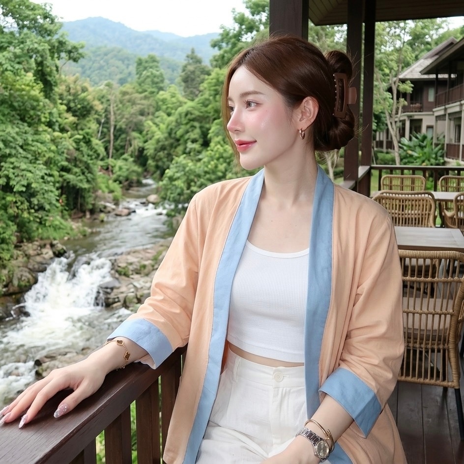 LANNA - เสื้อคลุมแขนยาว สีพื้นมินิมอลมีกระเป๋าหน้า ใส่คลุมร้อนคลุมหนาว ผ้าฝ้ายเชียงใหม่ ทรงสวยใส่สบาย
