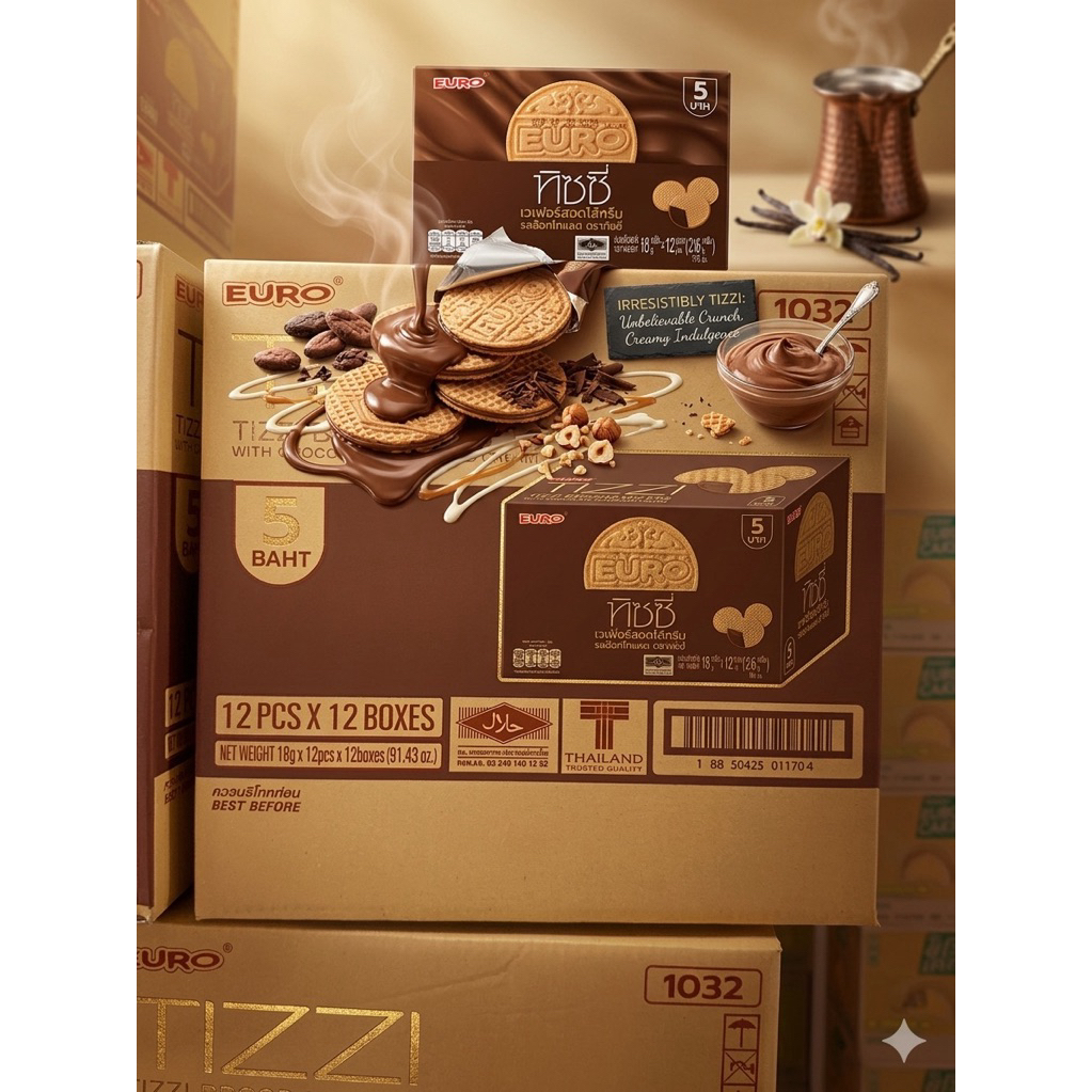TIZZI ทิชชี่ เวเฟอร์สอดไส้ครีม รสช็อกโกแลต 18 กรัม X 12 ซอง แช่เย็นก็ดี ไม่แช่เย็นก็อร่อย พร้อมส่ง