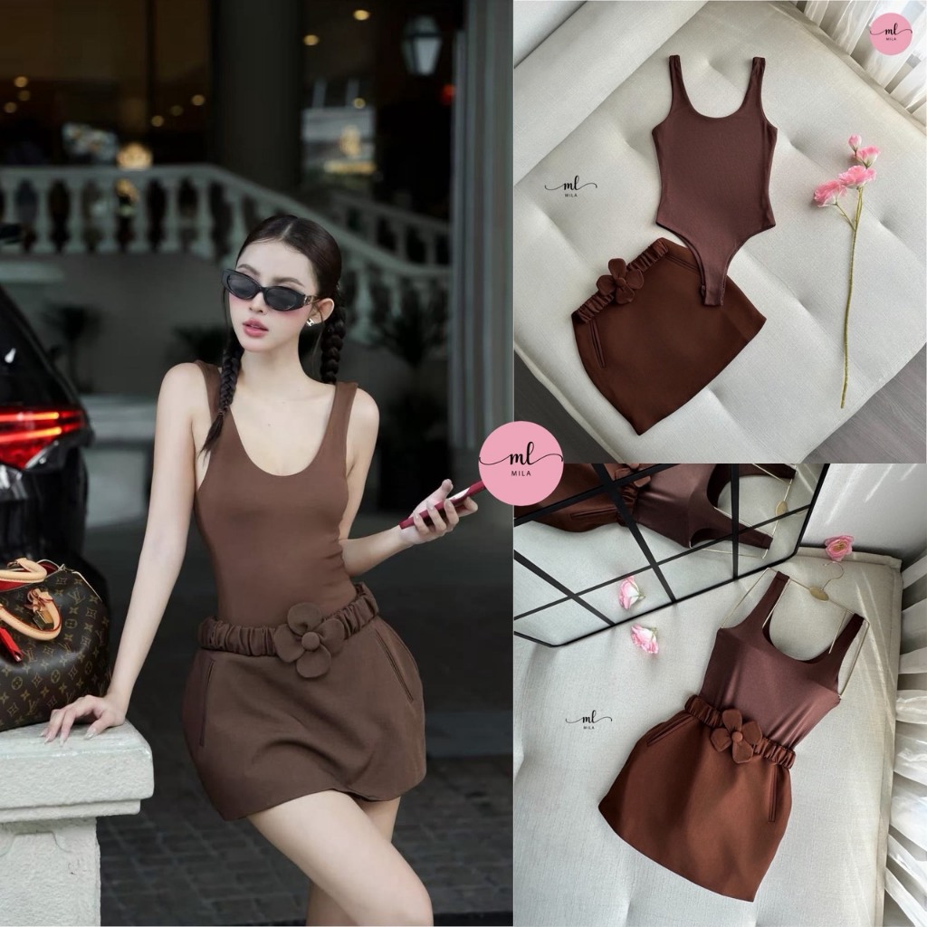 MILA  Set 2 ชิ้นยบอดี้สูททรงคอยู โทนน้ำตาลช็อกโกแลต