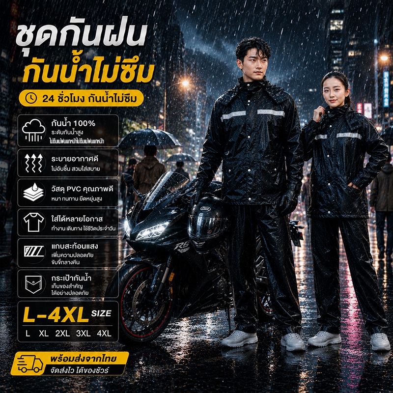 กันน้ำ 100% ชุดเสื้อกันฝน เสื้อกันฝนผู้ใหญ่ แบบมีหมวก มีแถบสะท้อนแสงสูง คุณภาพดี ราคาถูก ☔