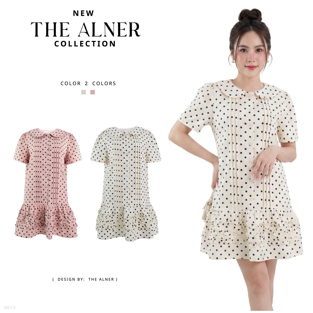 Thealner-AN073 (เดรสคอบัวแขนสั้นลายจุด)