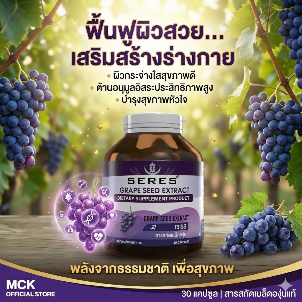 ของแท้ Seres Grape Seed Extract 125 mg. สารสกัดจากเมล็ดองุ่น บำรุงผิว ต้านอนุมูลอิสระ ลดริ้วรอย 30 แคปซูล