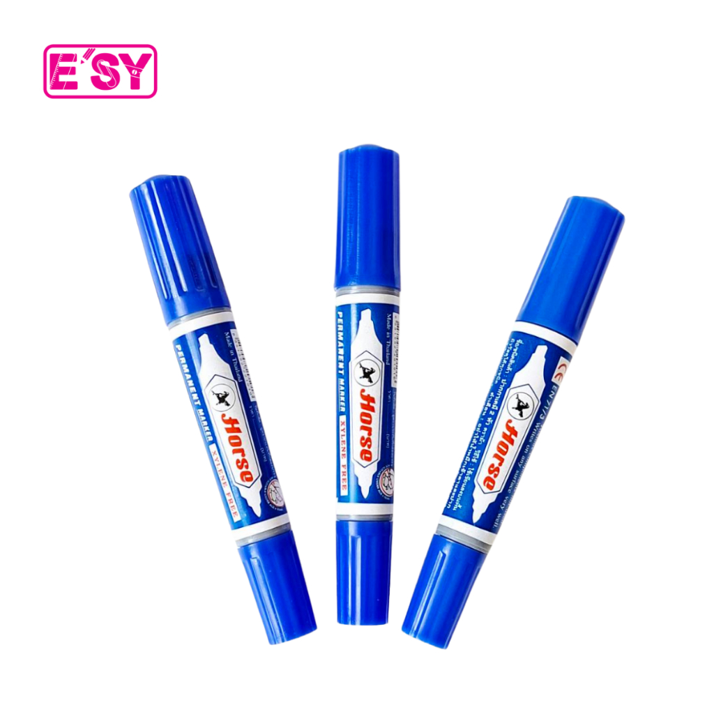 1 แถม 1 Horse ตราม้า ปากกา  ปากกาเคมี ปากกาเมจิิก 2 หัว สีน้ำเงิน
