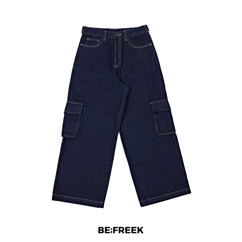 BE;FREEK กางเกงยีนส์คาโก้ขายาวปรับรอบเอวได้ 3 ระดับ สีน้ำเงินเข้ม ADJUSTABLE WAIST CARGO JEANS PANTS INDIGO COLOR