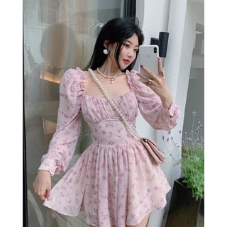 พร้อมส่ง เดรสสั้นลายดอกไม้สไตล์วินเทจสำหรับผู้หญิง เดรสคาเฟ่ทะเล มีซับทั้งตัวไม่บาง