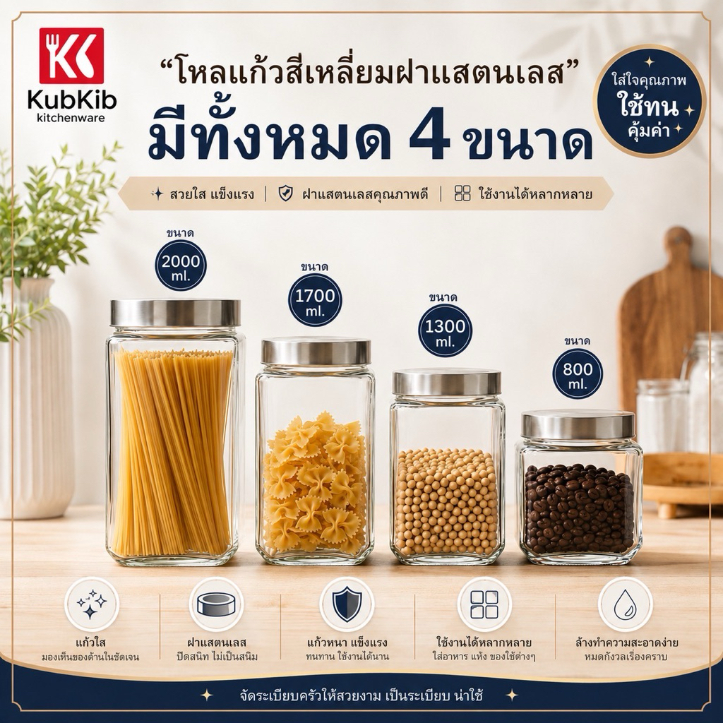 โหลแก้วสี่เหลี่ยมฝาสแตนเลส 500/1700/2100ml โหลเอนกประสงค์ โหลดอง โหลปลากัด