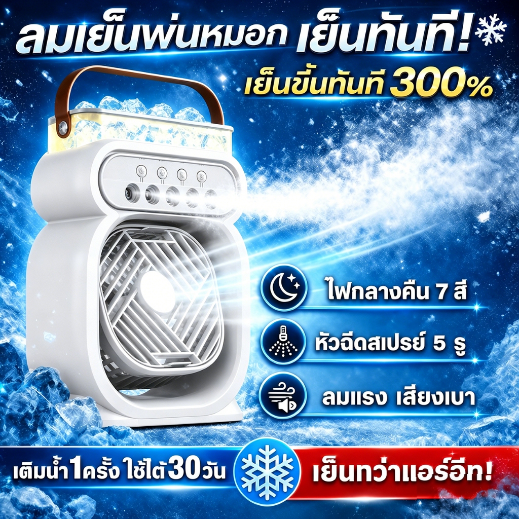 【รับประกัน10ปี】พัดลมไอน้ำ พัดลมไอเย็น ไฟ LED 7สี ถังน้ำใหญ่ พัดลมพกพา 3in1ใช้ได้ที่ห้องนอน/สำนักงาน พัดลมแบบพกพาความชื้น