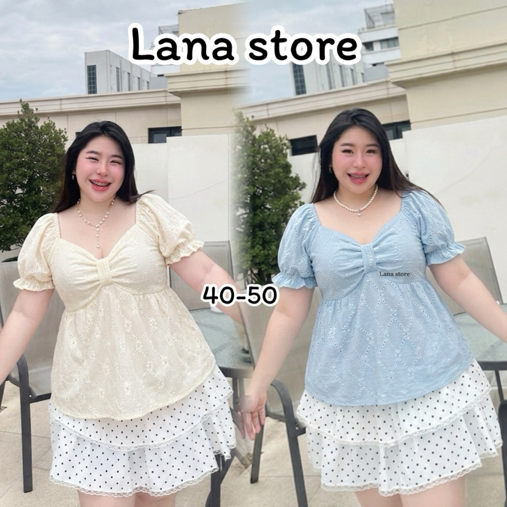 B41 เสื้อแขนตุ๊กตา แต่งดีเทลโบว์ด้านหน้า ผ้าฉลุยืด อก40-50 lanastore