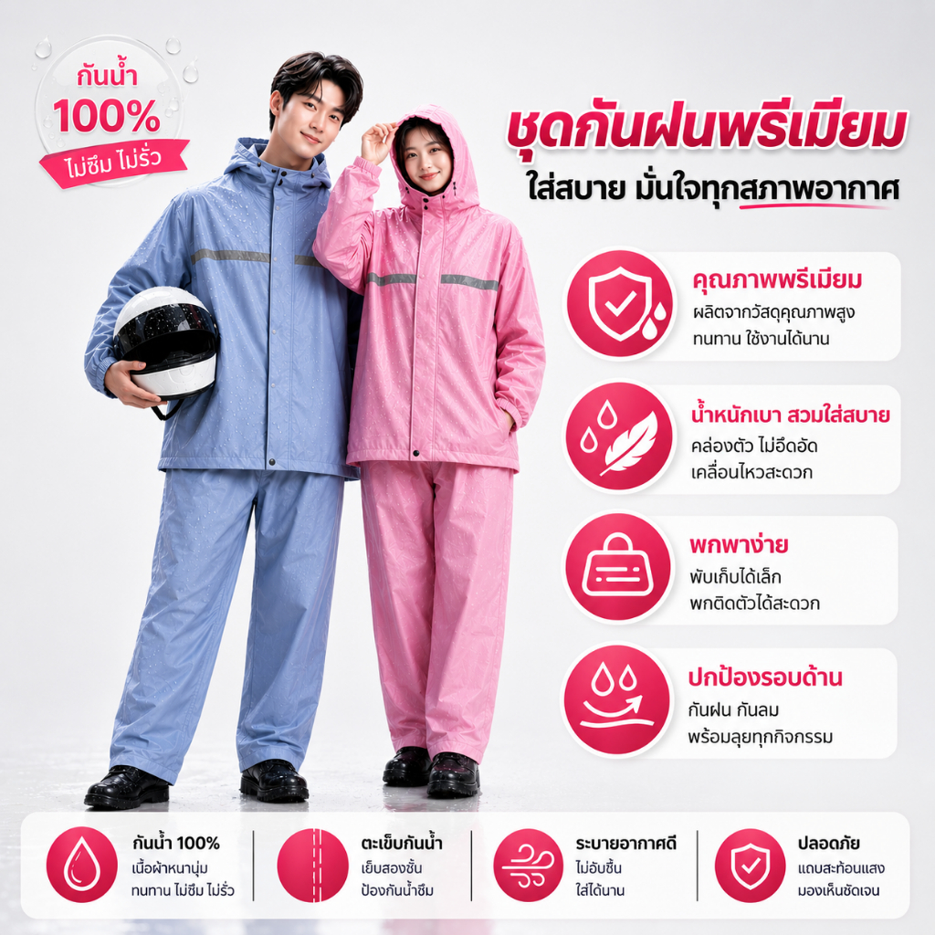 ☔ กันน้ำ 100% ชุดเสื้อกันฝนคุณภาพดี ฮู้ดกันลมโปร่งใส เหมาะสำหรับทั้งชายและหญิง มีหลายสีให้เลือก