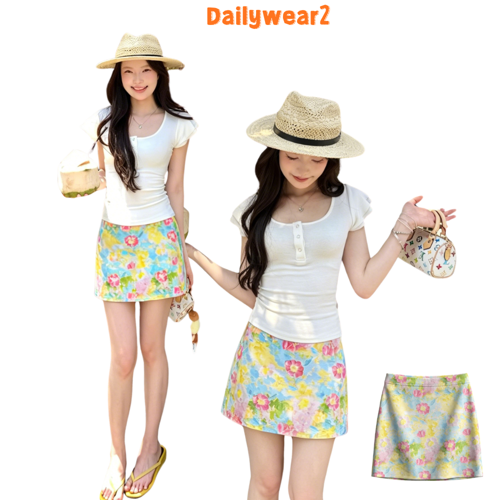 Dailywear พร้อมส่ง กระโปรงครึ่งตัวสไตล์ภาพวาดศิลป์ ลายดอกไม้เล็ก เอวสูง ฤดูร้อน ทรงตัว A กระชับสะโพก