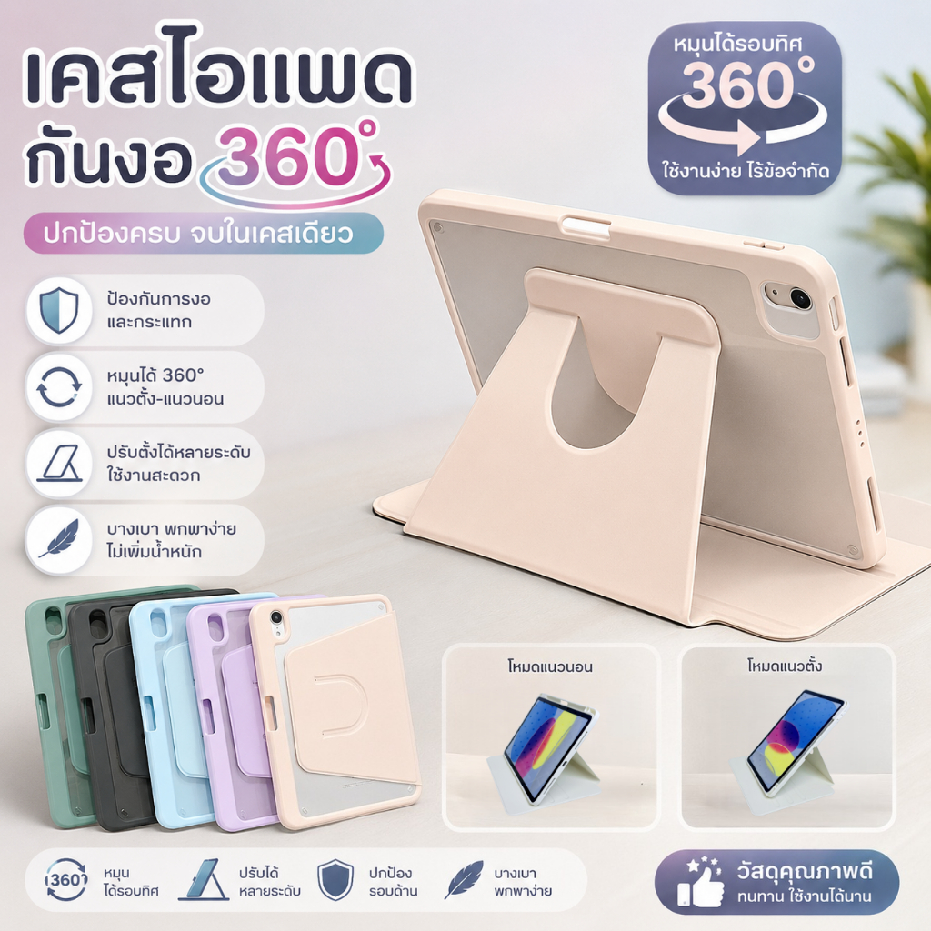 [ไฟลุกมาก] iPad หมุนได้ 360 องศา For เคสไอแพด gen9 /8/7 pro 11/12.9 Air11 air3/4/5/6/7 gen10/11-A16 หลังใส เคส สำหรับ