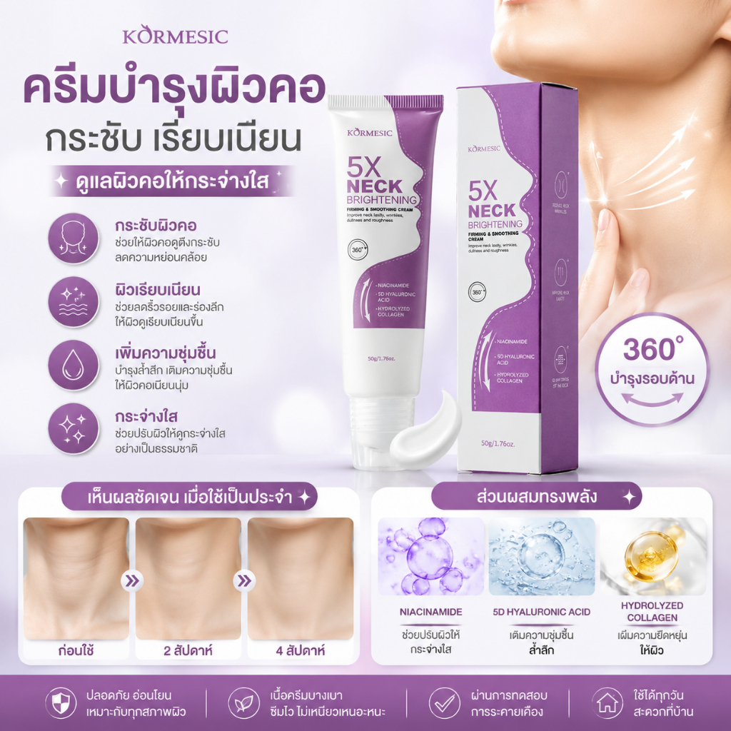 KORMESIC 5X Neck Brightening Cream ครีมบำรุงผิวคอ กระชับ เรียบเนียน เติมความชุ่มชื้น ดูแลผิวคอหมองคล้ำ ผิวแลดูกระจ่างใส