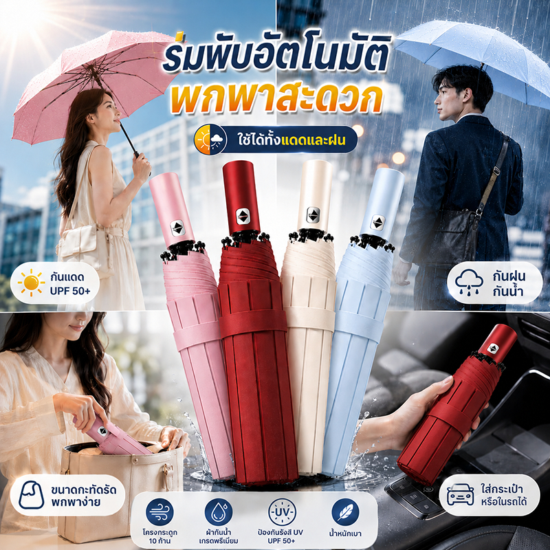 🌂ร่มอัตโนมัติ UPF50+ กันแดดกันฝน น้ำหนักเบา 320 กรัม กดปุ่มเดียวเปิด-ปิด พกพาสะดวก มี 4 สีให้เลือก