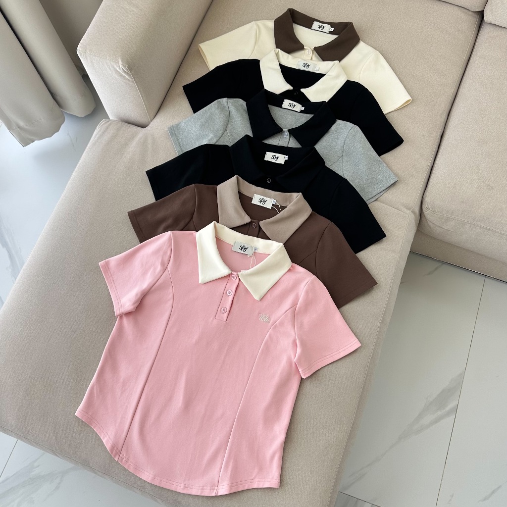 SISSY : เสื้อแขนสั้นคอปกชายโค้ง (S-XXL) ทูโทน ผ้านุ่มยืดใส่สบาย แต่งลายเส้นใส่แล้วพรางหุ่น