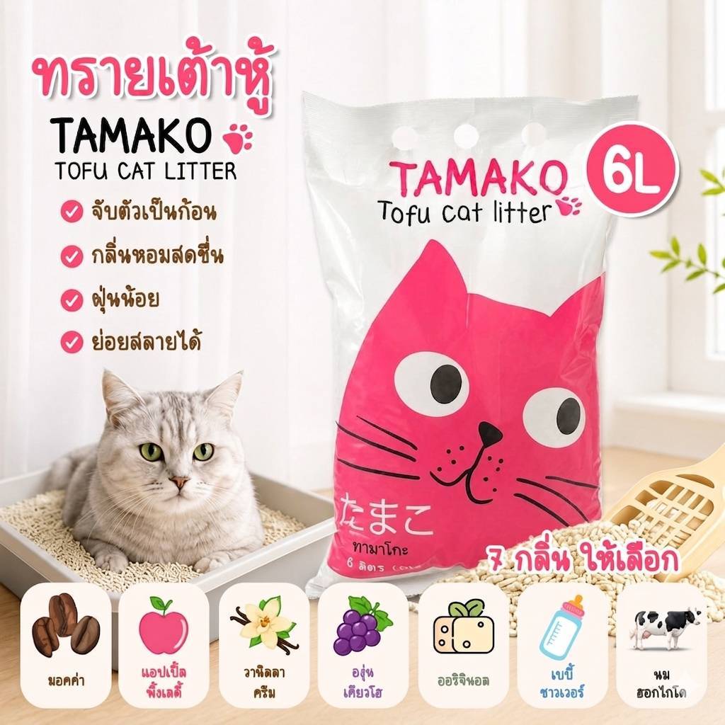 ทรายเต้าหู้ Tamako 6L ทรายแมวมีกลิ่นหอม ทรายออร์แกนิค ทรายแมวย่อยสลายง่ายเป็นมิตรกับสิ่งแวดล้อม