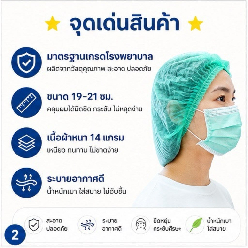 ส่งเร็ว หมวกคลุมผม หมวกตัวหนอนคลุมผม ใยสังเคราะห์ 50 รูปที่ 2