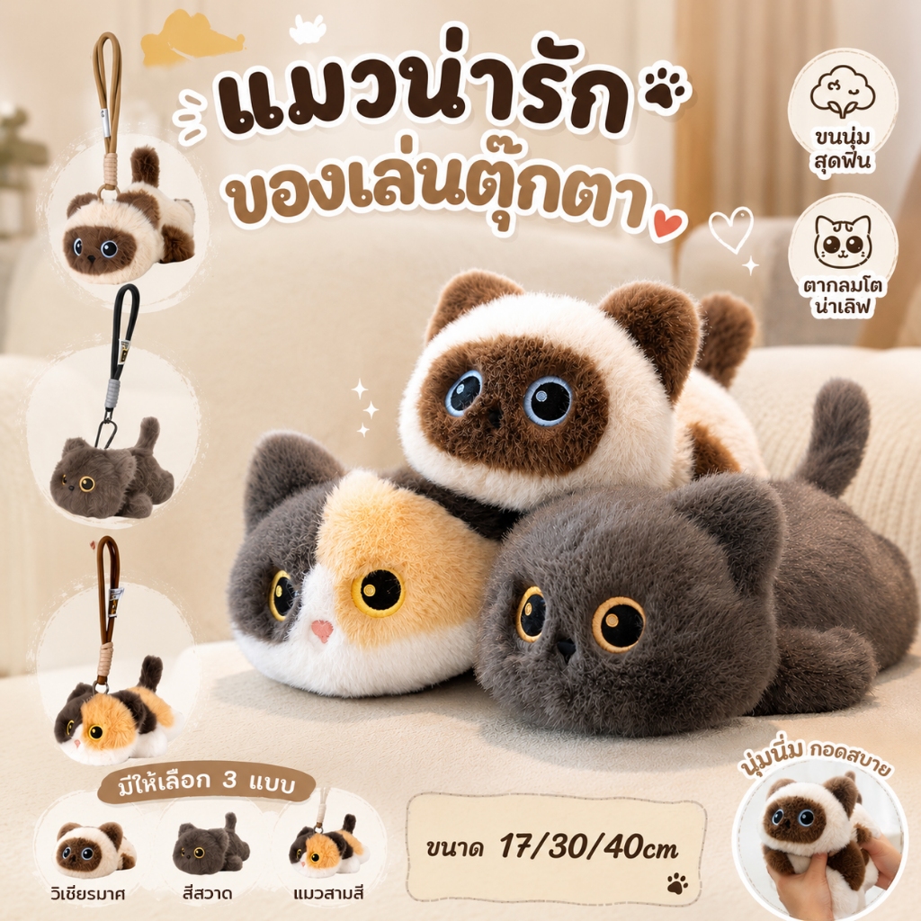 แมวดําสยามลูกแมวตุ๊กตาจี้ของเล่นการ์ตูนเหมือนจริงลูกแมวพวงกุญแจตุ๊กตาสัตว์ ของขวัญวันเกิด แมวสยาม พวงกุญแจ ทาสแมว
