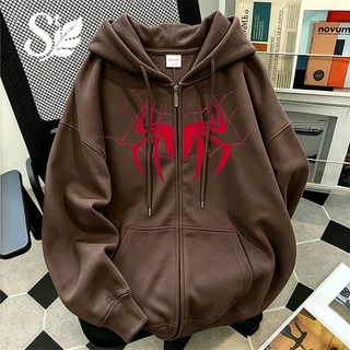 เสื้อฮู้ดมีซิปแขนยาวลายแมงมุมสีแดง สไตล์อเมริกัน ทรงหลวม Unisex ผ้าฝ้ายคุณภาพสูง เนื้อผ้านุ่มกันลม มี 12 สี พร้อมส่ง สต็