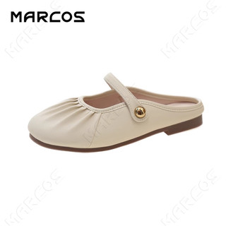 MARCOS รองเท้าแตะผู้หญิง แมรี่เจน ดีไซน์ร่องรอย สีขาว/ดำ ส้นแบน ใส่สบาย กันลื่น สไตล์เกาหลี ลำลอง สำหรับทุกโอกาส