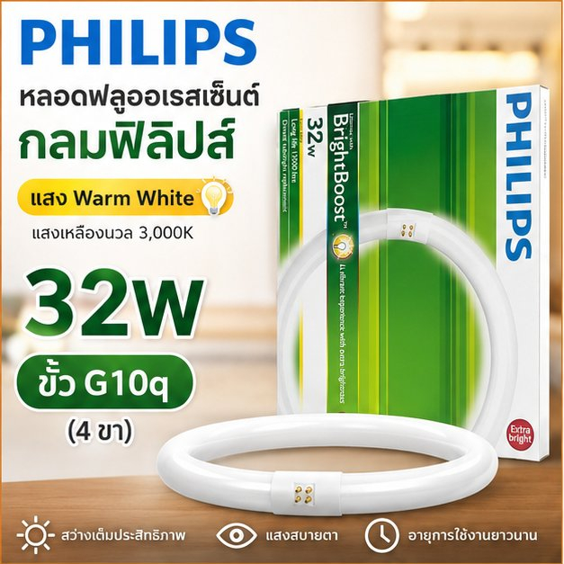 Philips หลอดฟลูออเรสเซ็นต์กลม BrightBoost TL-E 32W/830 ขั้ว G10q (4 ขา) แสง Warm White