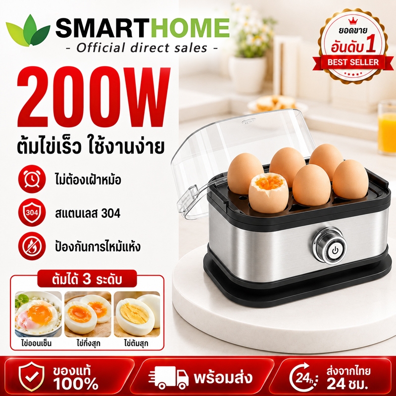 【รับประกัน 5 ปี】เครื่องต้มไข่ 200W เลือกระดับความสุกของไข่ได้ ไข่6ฟอง ความจุใหญ่ เครื่องต้มไข่มัลติฟังก์ชั่น