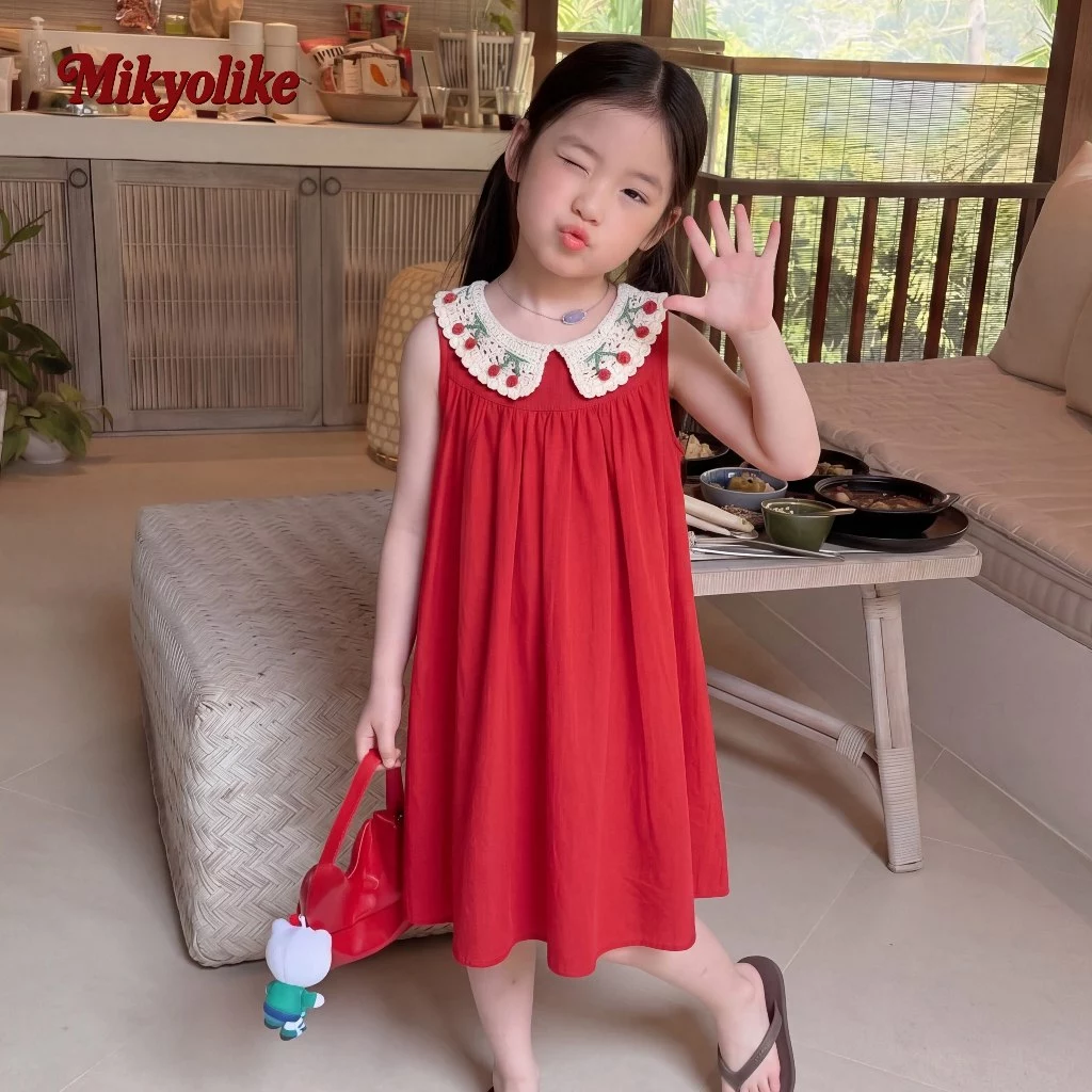 1-12 ปี ชุดออกงานเด็กผู้หญิงสีแดง คอปกเชอร์รี่ แขนกุด สไตล์เกาหลี กระโปรงพริ้ว ชุดเดรสเด็กผู้หญิง