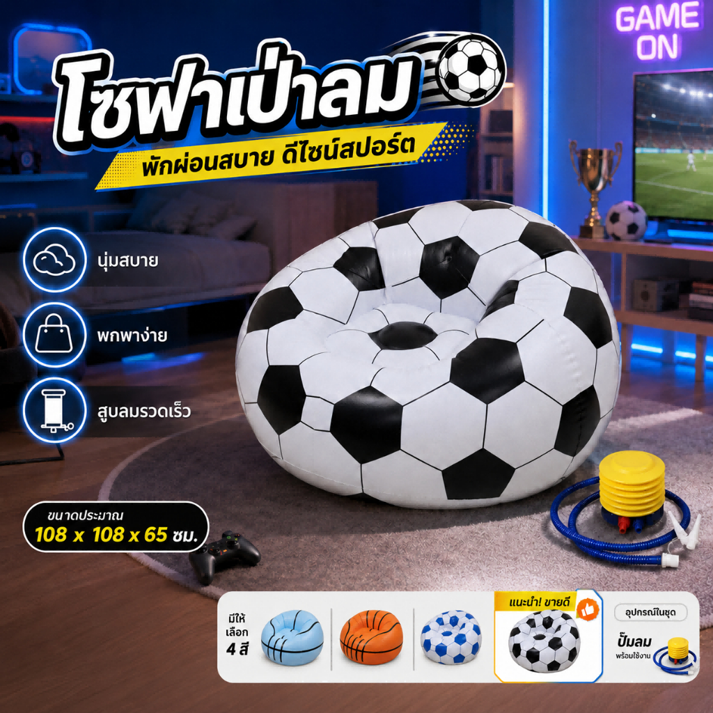 โซฟาเป่าลม เก้าอี้เป่าลมมินิ วัสดุ PVC ฟรีปั้มลม 2026 ฟุตบอลโลก ของตกแต่งธีมฟุตบอล