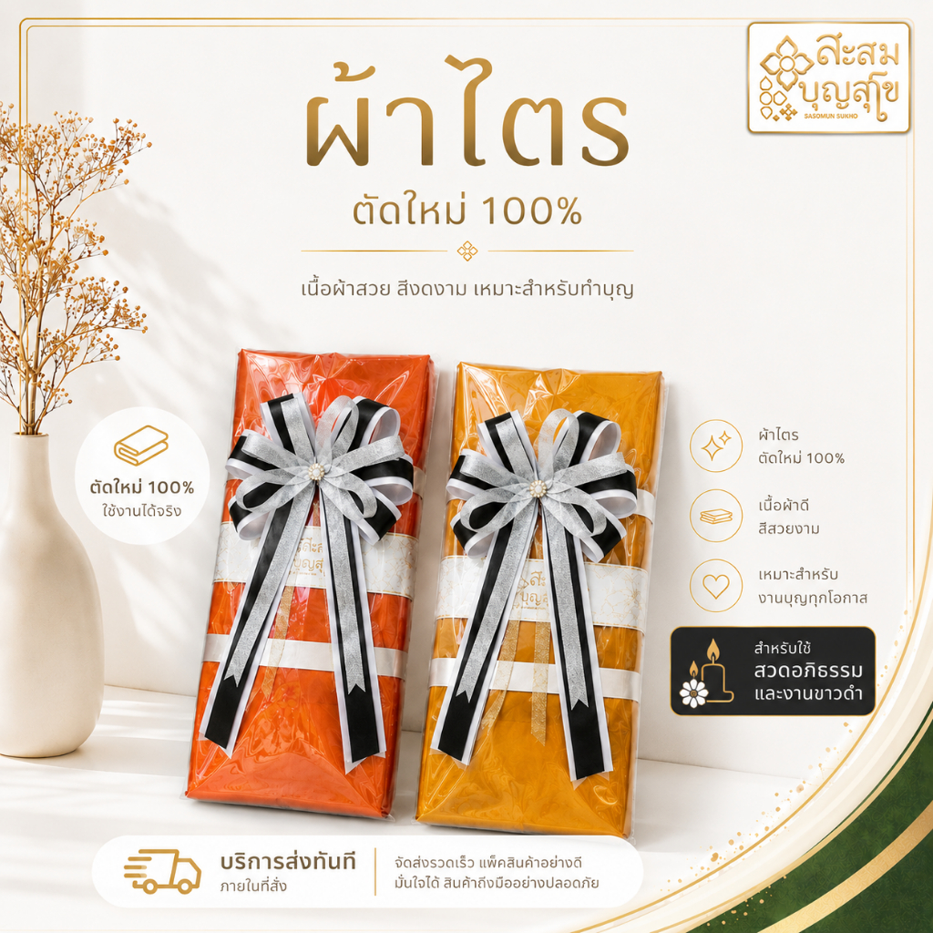 🚀มีส่งทันที ผ้าไตรจีวรครบชุด 7ชิ้น (งานสวดอภิธรรม งานขาวดำ⚫⚪) ตัดใหม่100% ฟรีโบว์✅ - ร้านสะสมบุญ สุโข