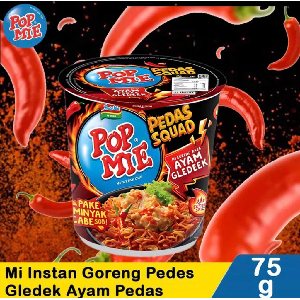 Indonesia Pop Mie Goreng Ayam Gledek Pedas 75 gram / Spicy Chicken Flavor Fried Noodles