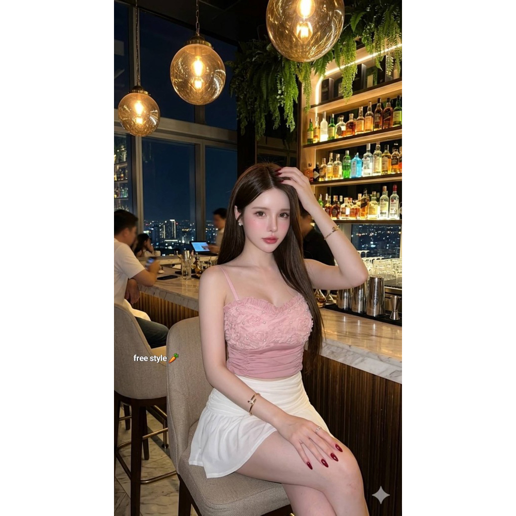 #P สวยแบบจึ้งลึ่ง เซท2ชิ้น สายเดี่ยวกุหลาบติดมุก ปรับได้ กระโปรงมุ้งยืดมีซับใน