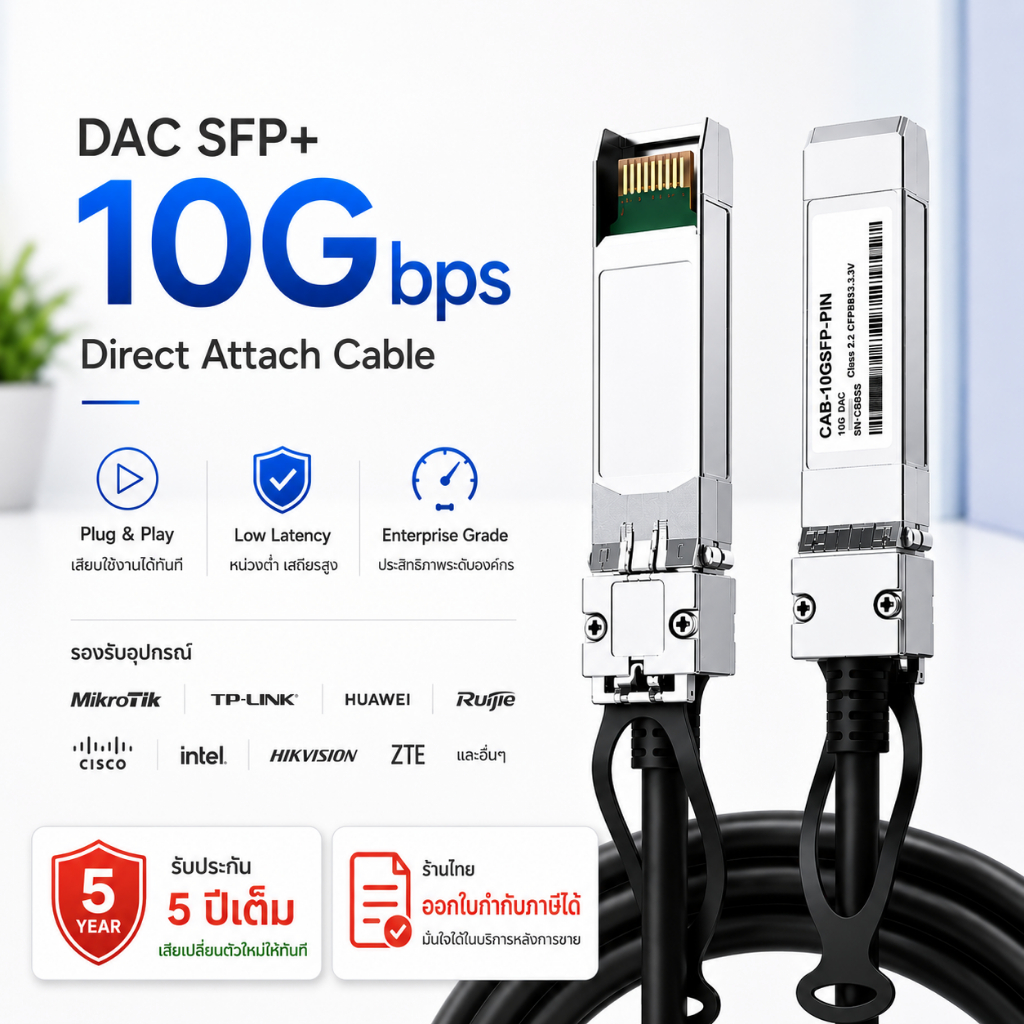 10Gbps สาย Dac SFP+ 1.5m/3m/5m รับประกัน 1 ปี รองรับ Swicth ทุกยี่ห้อ เช่น Mikrotik Ruijie Cisco TP-link Hikvision