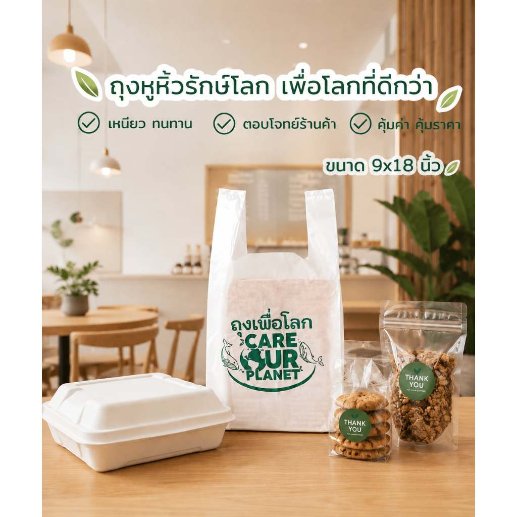 ถุงหูหิ้ว "เพื่อโลก" 9x18 นิ้ว ถุงหูหิ้วพิมพ์ลาย ถุงหูหิ้วรักษ์โลก ถุงใส่ขนม ถุงใส่กล่องอาหาร ถุงใส่ยา