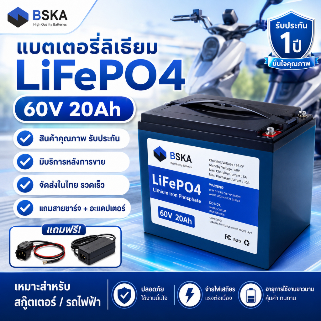 🔋แบตเตอรี่ลิเธียม BSKA 60V20Ah LiFePO4 สำหรับ Honda Click/Yamaha EV | รับประกัน 1 ปี 🔋