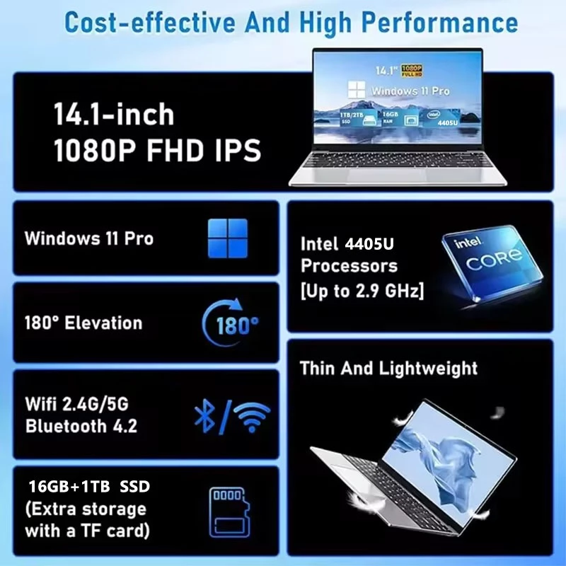 ใหม่ Ultra Slim Laptop 14.1 " แล็ปท็อป 16GB + 1TB SSD Intel 4405U PC เกม 1920 * 1080 จอแสดงผล Windows 11 Pro thumbnail 10