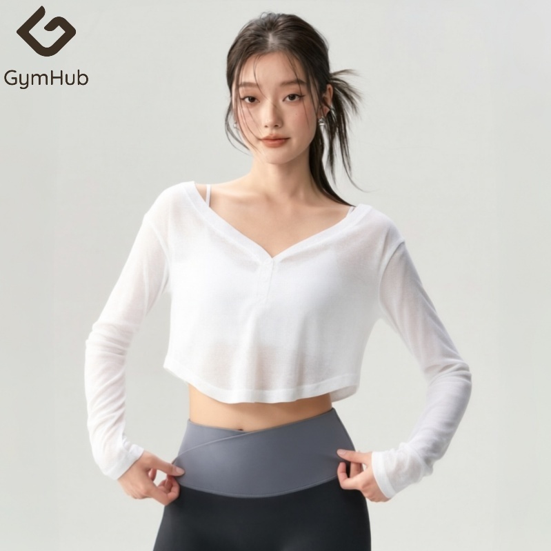 GymHub เสื้อคลุมเต้น Kpop เสื้อเต้น Jazz กันแดด ท่อนบนสั้น เอวลอย สีขาว แขนยาว ผ้าเบา