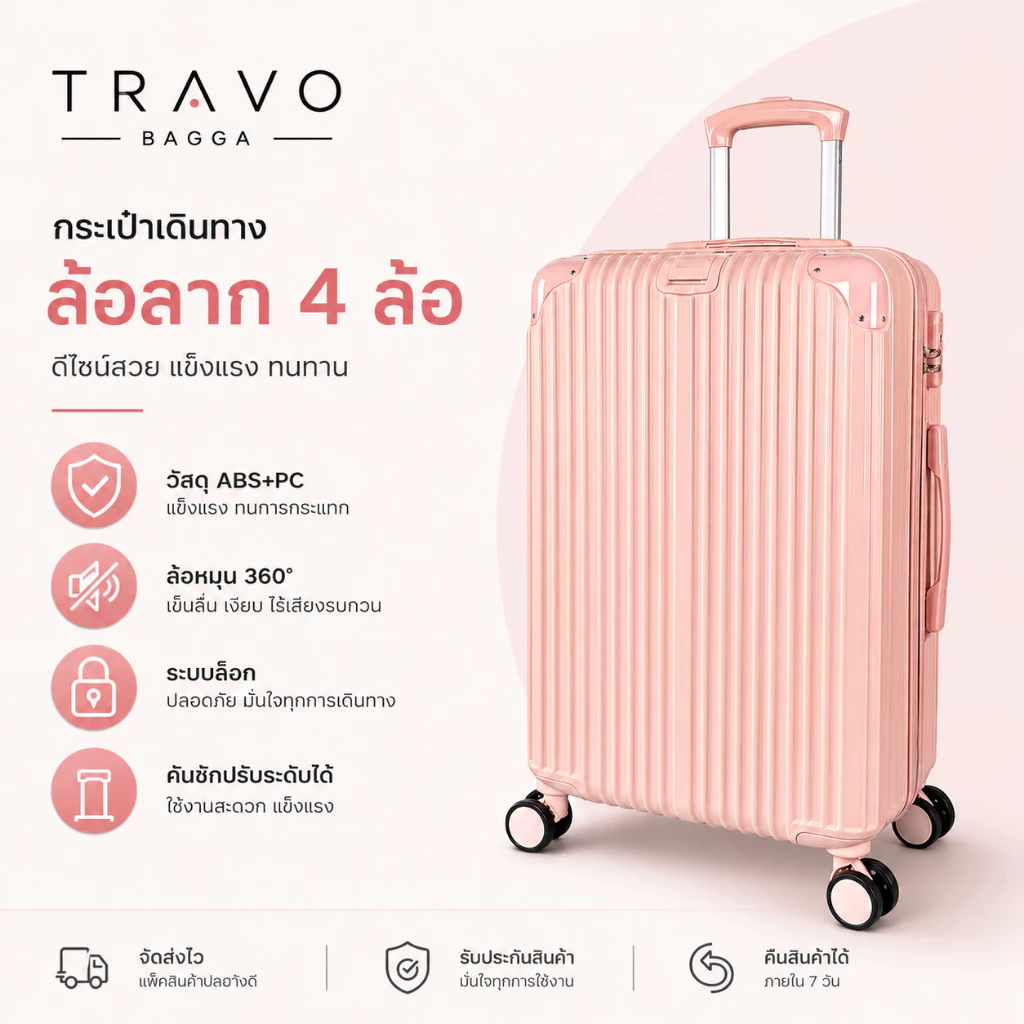 กระเป๋าเดินทางล้อลาก พร้อมส่ง วัสดุABS+PC แบบซิป แข็งแรงทนทาน ล้อหมุน360องศา มีใบอนุญาติโรงงาน ผลิตในประเทศไท